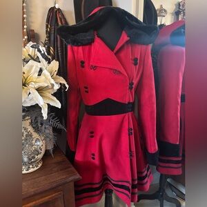 Hell Bunny Sophia Red Fit-and-Flare Pea Coat with Black Trim